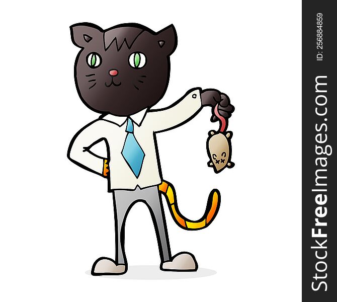 cartoon business cat with dead mouse