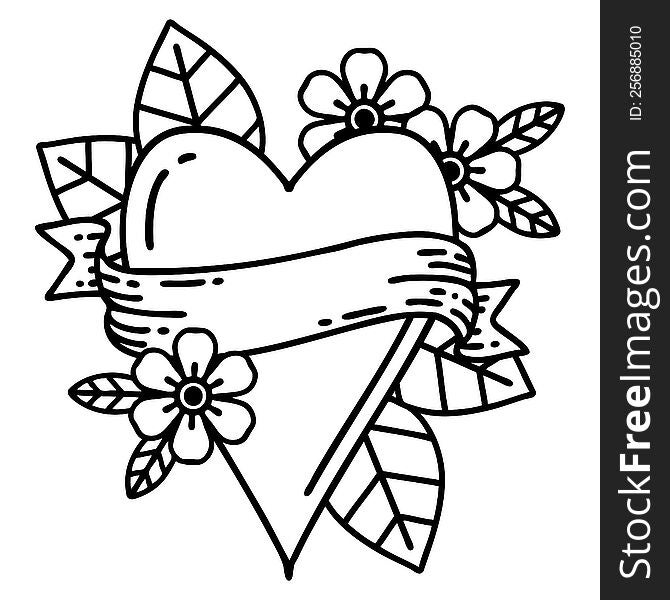 tattoo in black line style of a heart and banner. tattoo in black line style of a heart and banner