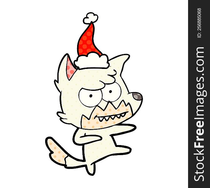 Comic Book Style Illustration Of A Grinning Fox Wearing Santa Hat