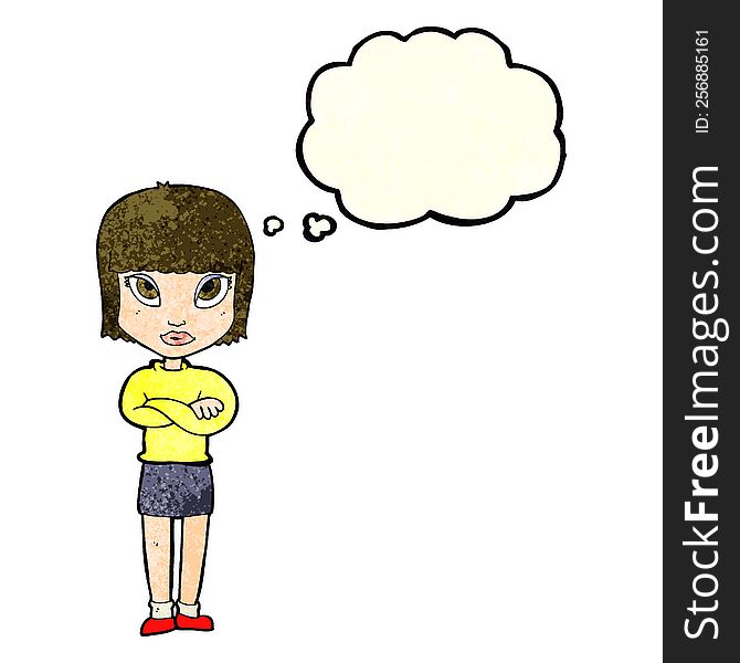 cartoon woman with crossed arms with thought bubble