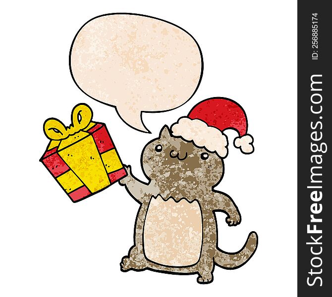 cute cartoon christmas cat with speech bubble in retro texture style