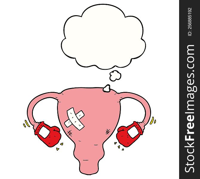 cartoon beat up uterus with boxing gloves with thought bubble