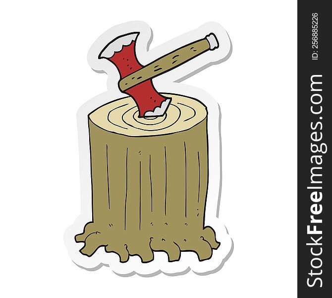 sticker of a cartoon tree stump and axe