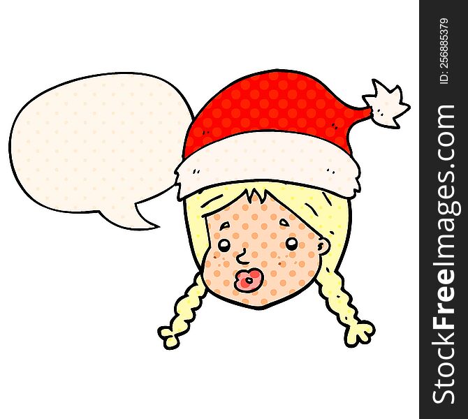 cartoon girl wearing christmas hat with speech bubble in comic book style