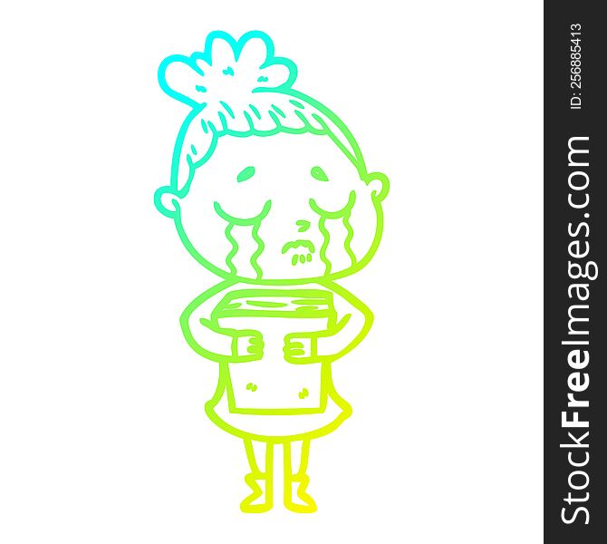 cold gradient line drawing of a cartoon crying woman holding book