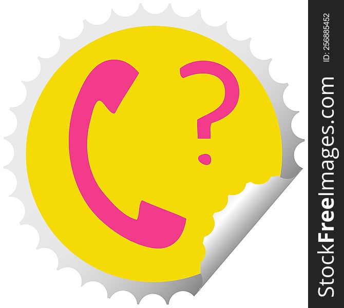 circular peeling sticker cartoon of a telephone receiver with question mark