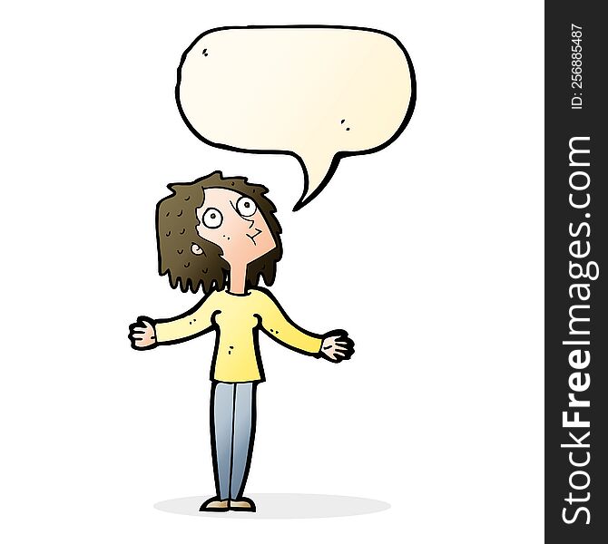 Cartoon Curious Woman Looking Upwards With Speech Bubble