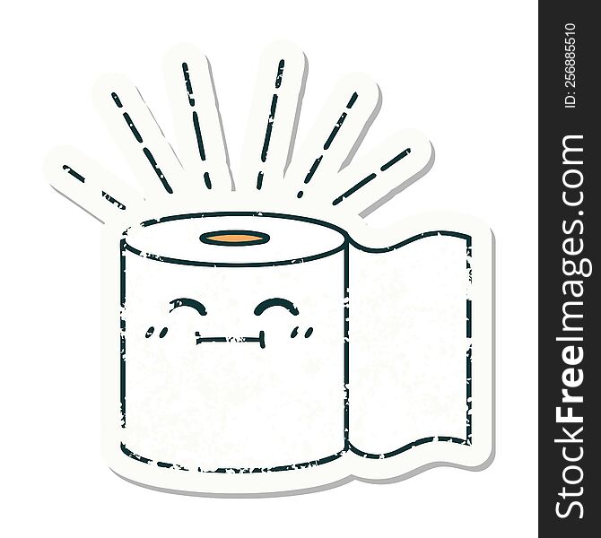 worn old sticker of a tattoo style toilet paper character. worn old sticker of a tattoo style toilet paper character