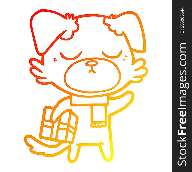 warm gradient line drawing of a cute cartoon dog with christmas present