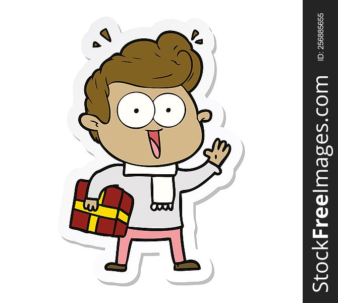 Sticker Of A Cartoon Excited Man With Present