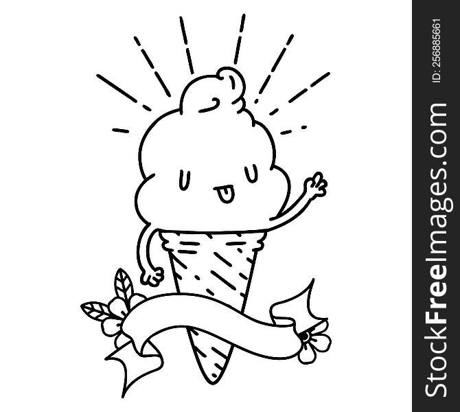 scroll banner with black line work tattoo style ice cream character waving