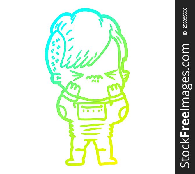 cold gradient line drawing of a cartoon annoyed hipster girl wearing space suit