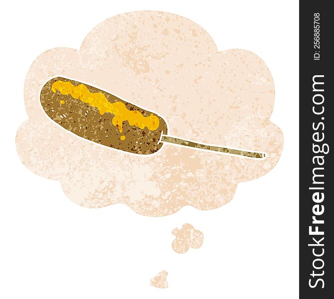 cartoon hotdog on a stick with thought bubble in grunge distressed retro textured style. cartoon hotdog on a stick with thought bubble in grunge distressed retro textured style
