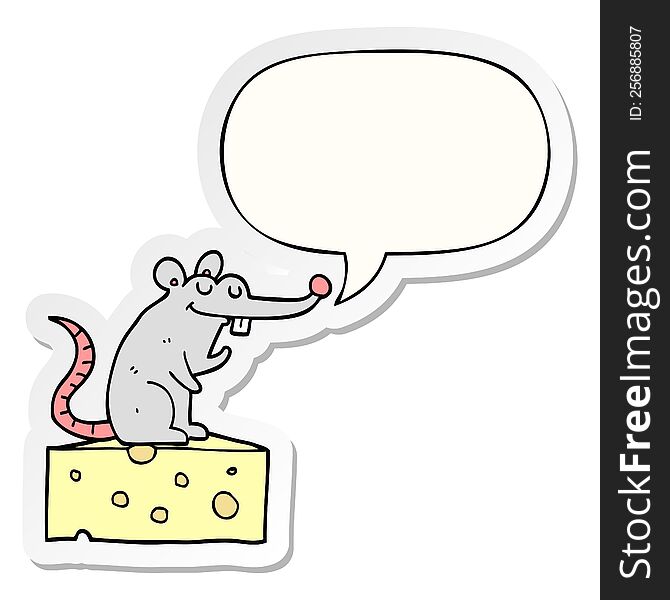 Cartoon Mouse Sitting On Cheese And Speech Bubble Sticker