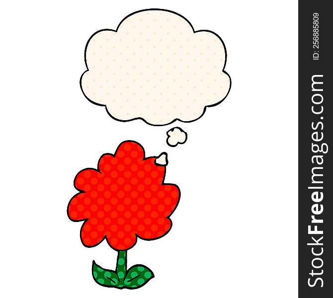 cartoon flower with thought bubble in comic book style