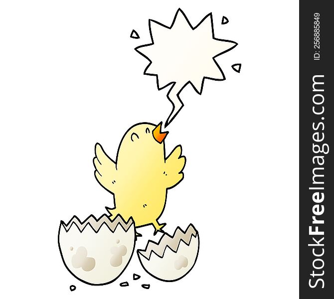 cartoon bird hatching from egg with speech bubble in smooth gradient style