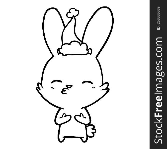 curious bunny hand drawn line drawing of a wearing santa hat. curious bunny hand drawn line drawing of a wearing santa hat