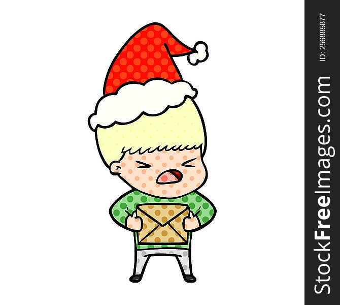 hand drawn comic book style illustration of a stressed man wearing santa hat