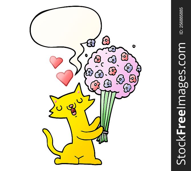 Cartoon Cat In Love And Flowers And Speech Bubble In Smooth Gradient Style