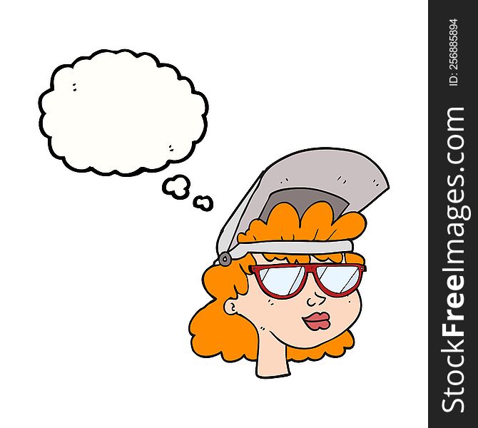 Freehand drawn thought bubble cartoon woman with welding mask and glasses