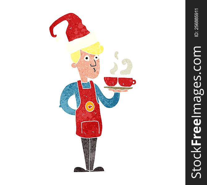 Retro Cartoon Barista Serving Coffee At Christmas