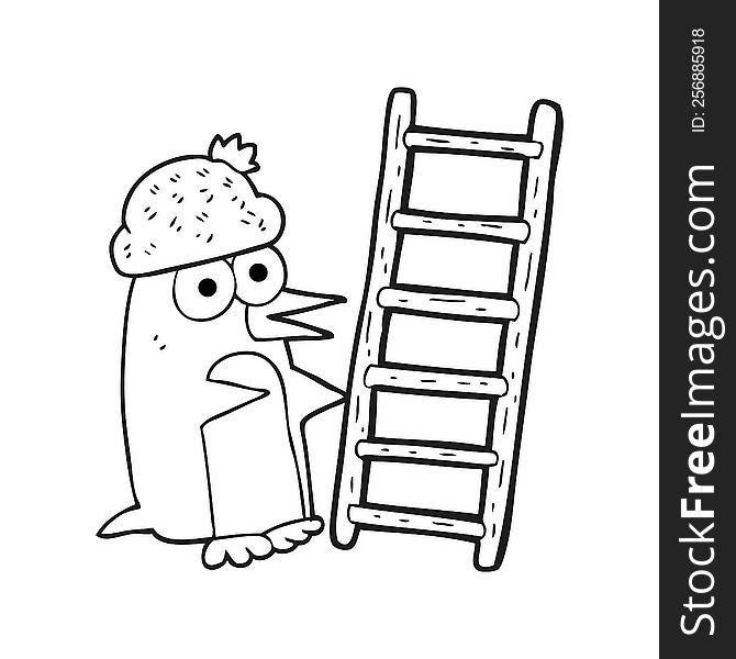 Black And White Cartoon Penguin With Ladder