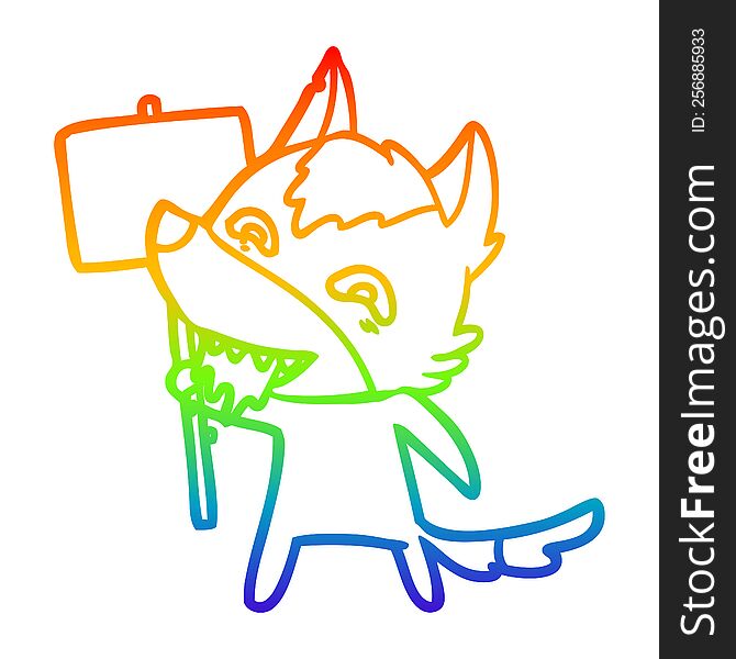 Rainbow Gradient Line Drawing Cartoon Hungry Wolf With Sign Post