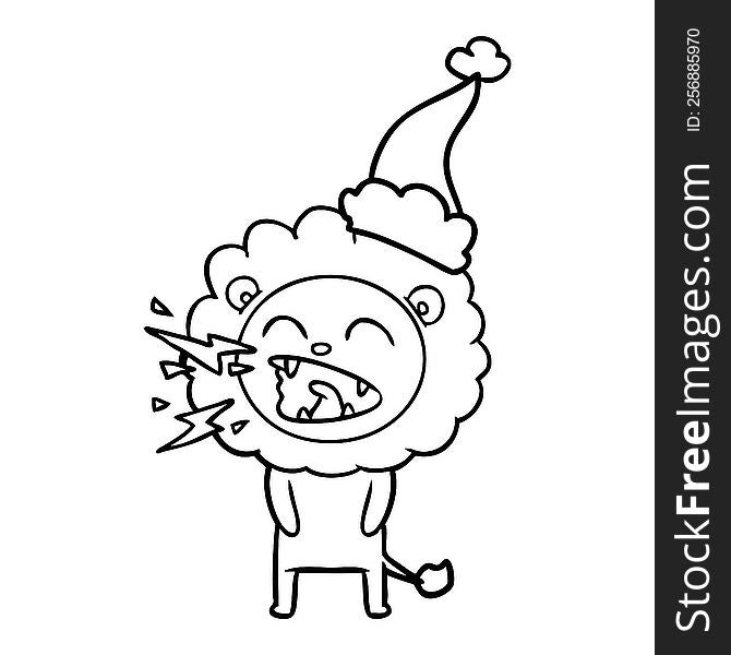 hand drawn line drawing of a roaring lion wearing santa hat