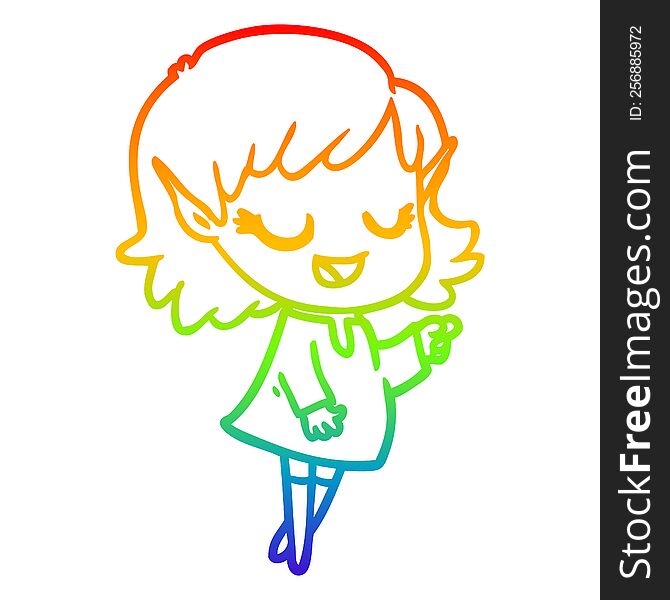 Rainbow Gradient Line Drawing Happy Cartoon Elf Girl Pointing