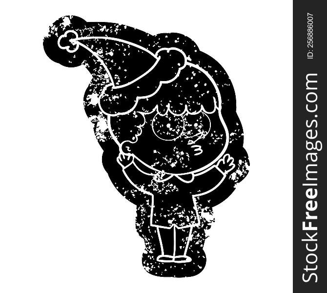 Cartoon Distressed Icon Of A Curious Boy Wearing Santa Hat