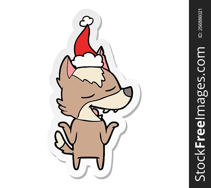 hand drawn sticker cartoon of a wolf laughing wearing santa hat