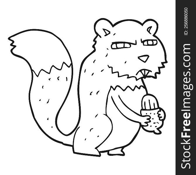 freehand drawn black and white cartoon angry squirrel with nut