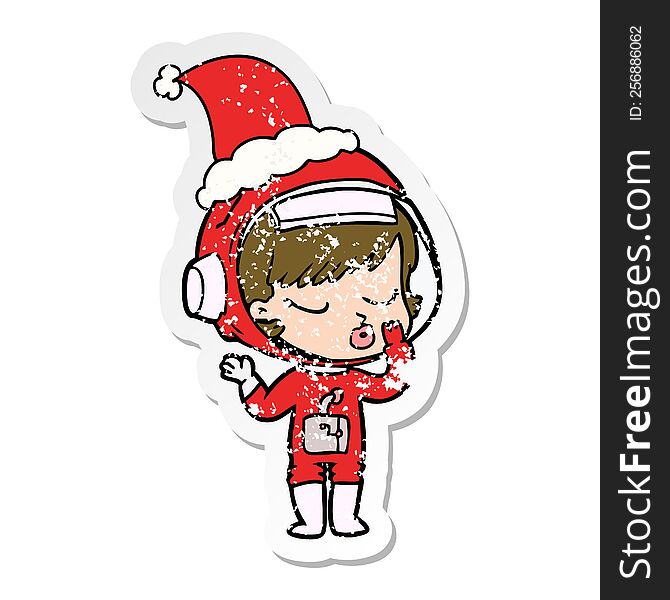 Distressed Sticker Cartoon Of A Pretty Astronaut Girl Wearing Santa Hat