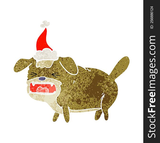 hand drawn retro cartoon of a dog barking wearing santa hat
