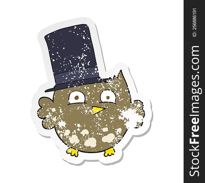 retro distressed sticker of a cartoon little owl with top hat
