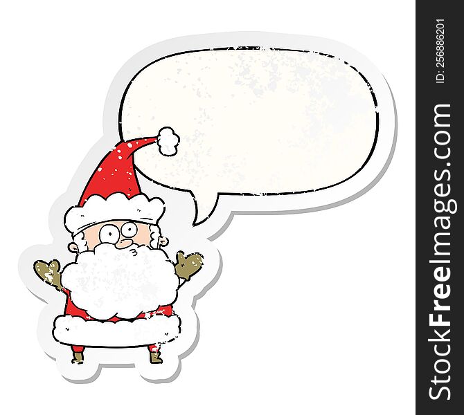 cartoon confused santa claus shurgging shoulders with speech bubble distressed distressed old sticker. cartoon confused santa claus shurgging shoulders with speech bubble distressed distressed old sticker