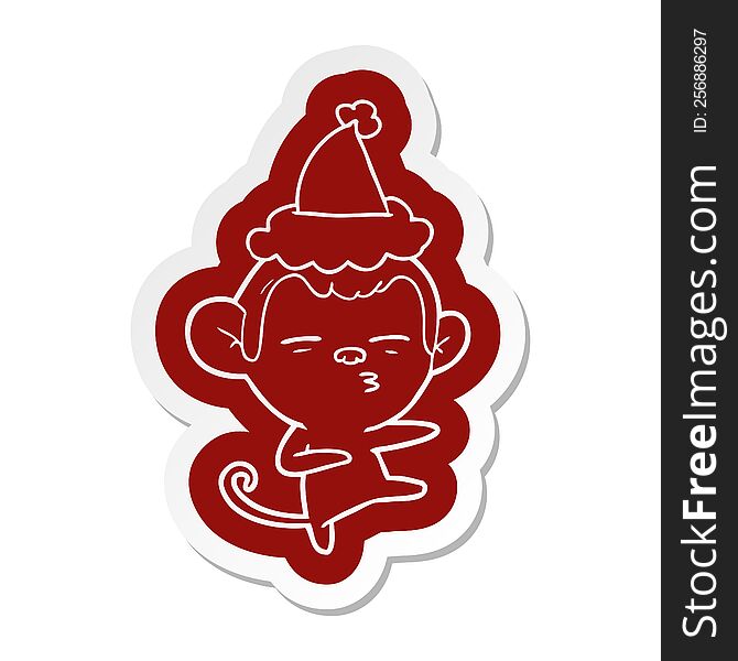 Cartoon  Sticker Of A Suspicious Monkey Wearing Santa Hat