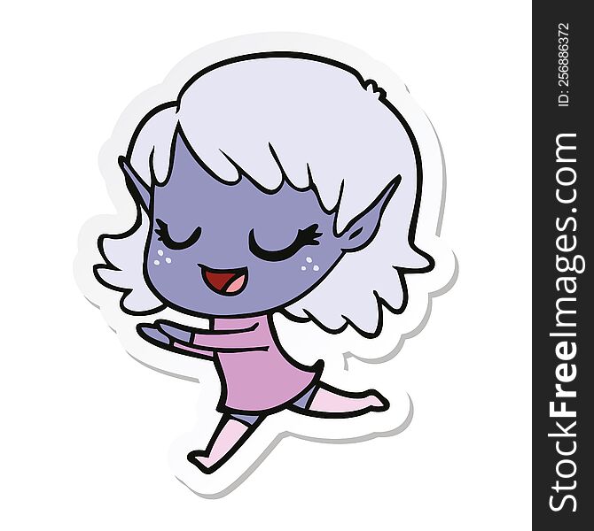 sticker of a happy cartoon elf girl running