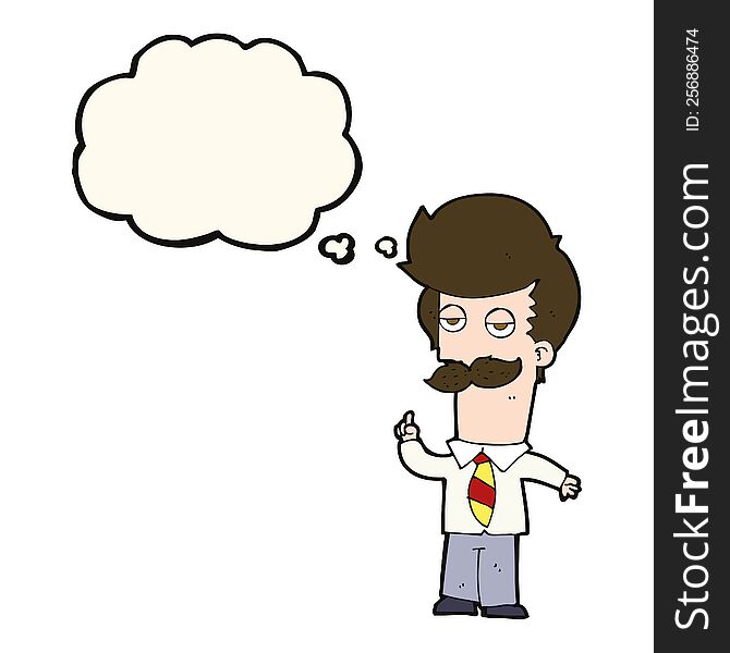 cartoon man with mustache explaining with thought bubble