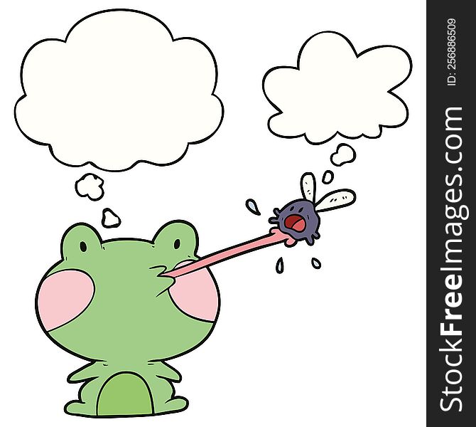 cartoon frog catching fly and thought bubble