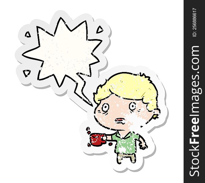 Cartoon Man Jittery From Drinking Too Much Coffee And Speech Bubble Distressed Sticker