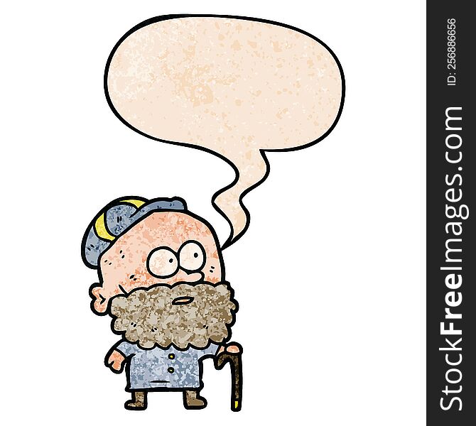 Old Cartoon Man And Walking Stick And Flat Cap And Speech Bubble In Retro Texture Style