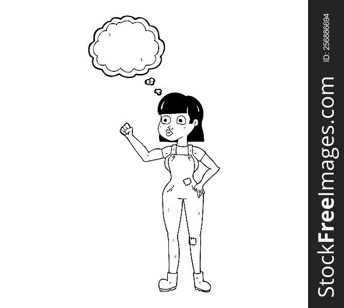 freehand drawn thought bubble cartoon woman clenching fist