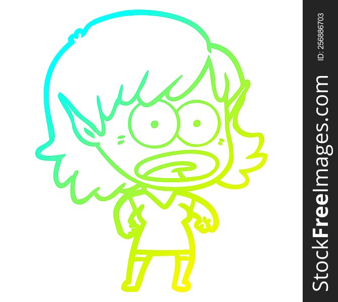 cold gradient line drawing of a cartoon shocked elf girl