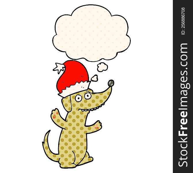 cute christmas cartoon dog with thought bubble in comic book style