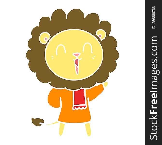laughing lion flat color style cartoon in winter clothes