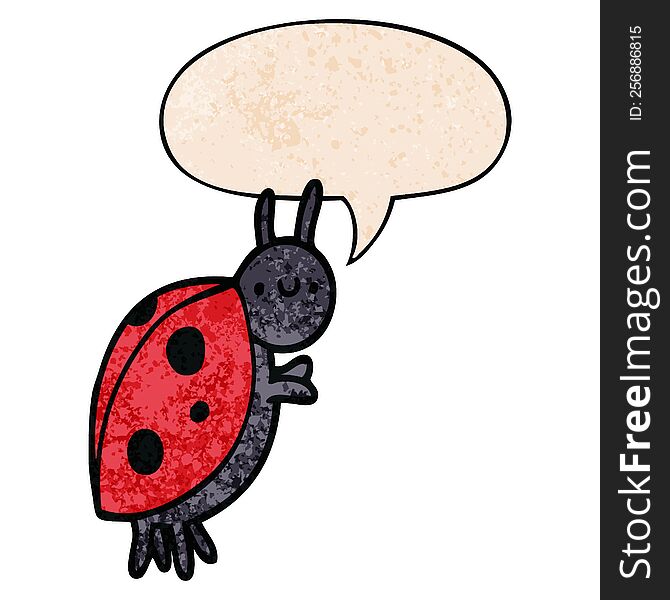 cartoon ladybug with speech bubble in retro texture style