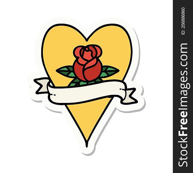 sticker of tattoo in traditional style of a heart rose and banner. sticker of tattoo in traditional style of a heart rose and banner