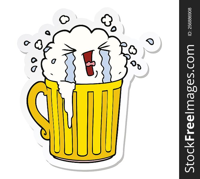 sticker of a cartoon mug of beer crying