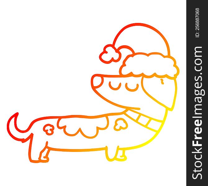 Warm Gradient Line Drawing Cartoon Dog Wearing Christmas Hat